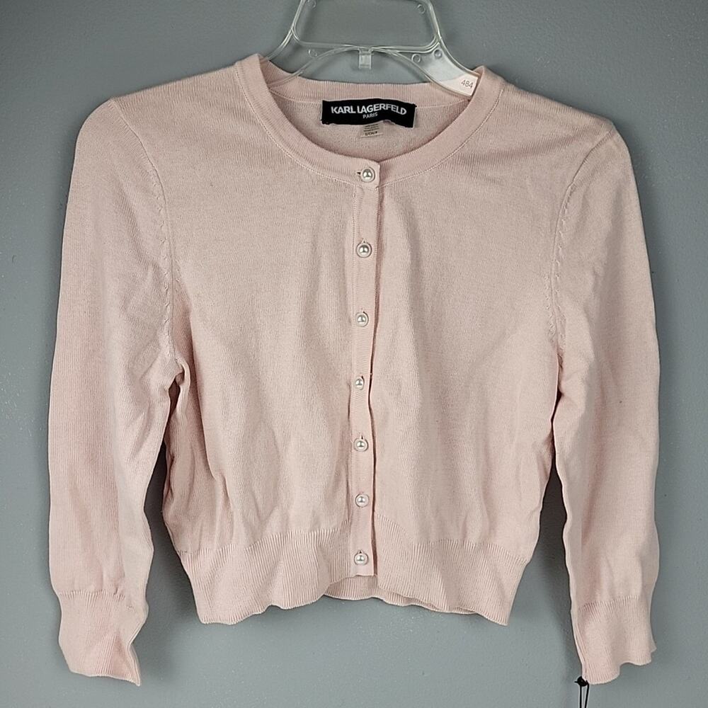 Karl Lagerfeld Paris Cardigan Baby Pink Pearl Button Sweater Shortie